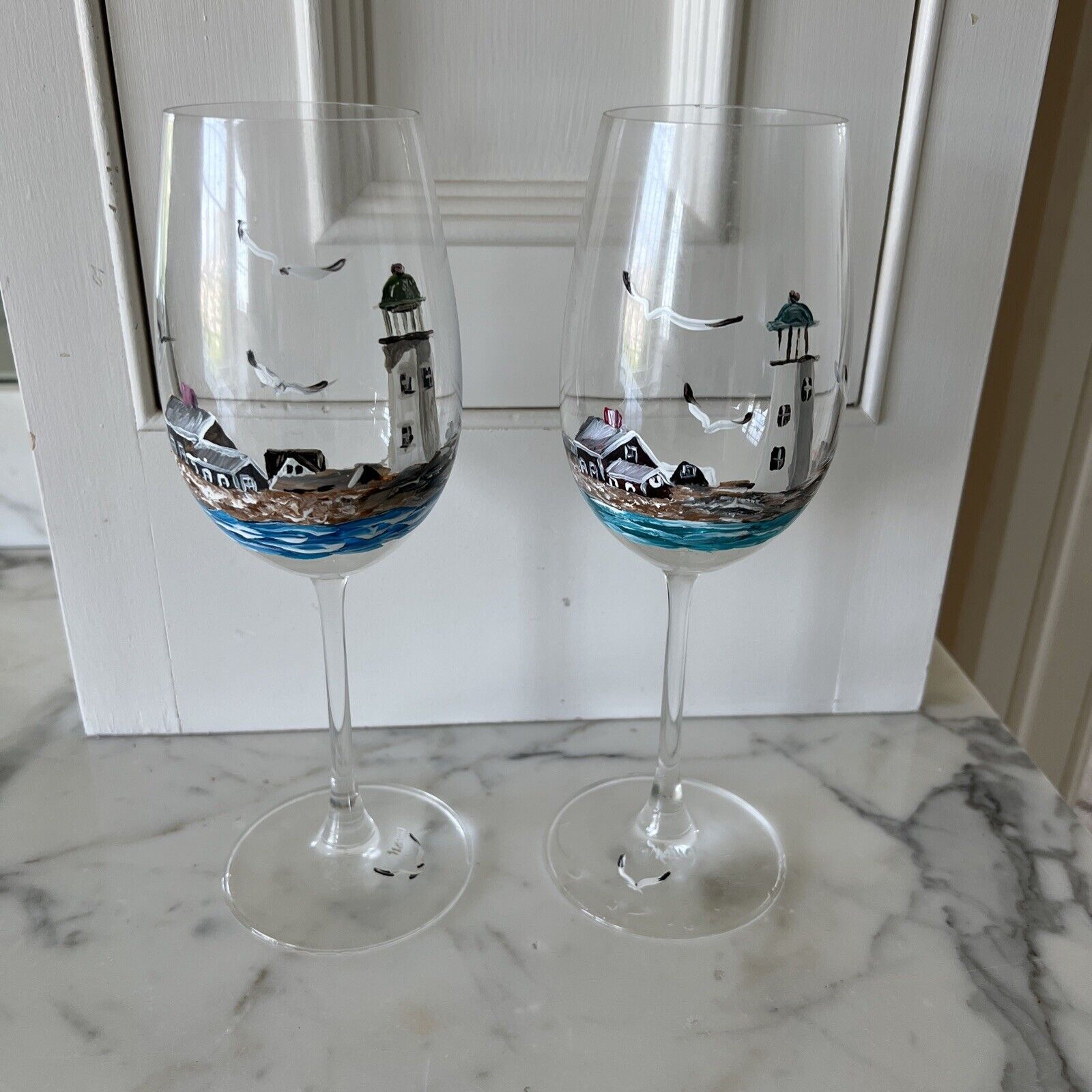 vintage Scituate MA hand painted signed pair 2 wineglasses Lighthouse Seagulls