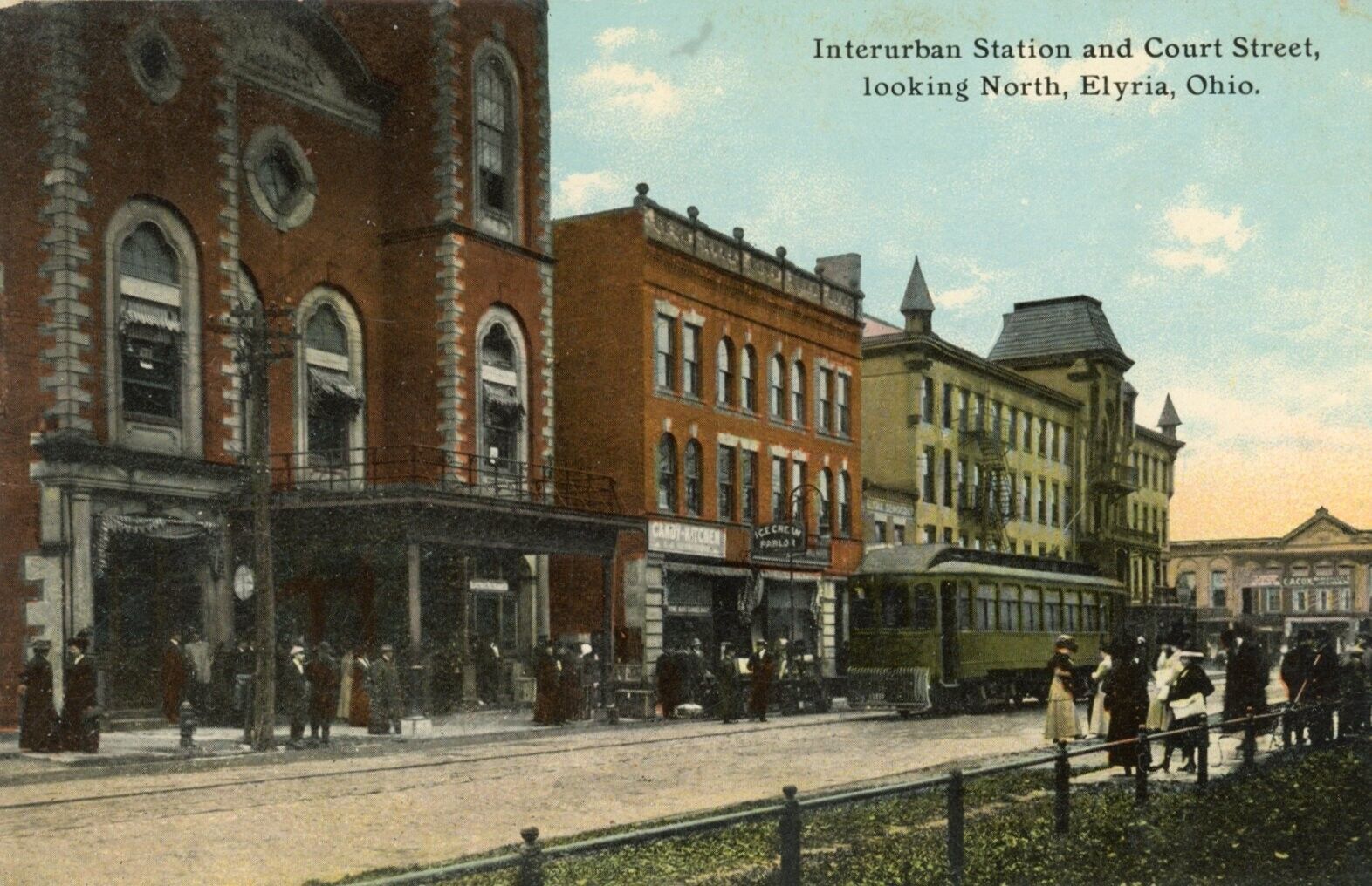 circa 1910 Elyria Ohio postcard, Interurban Station, trolley, street,   OH