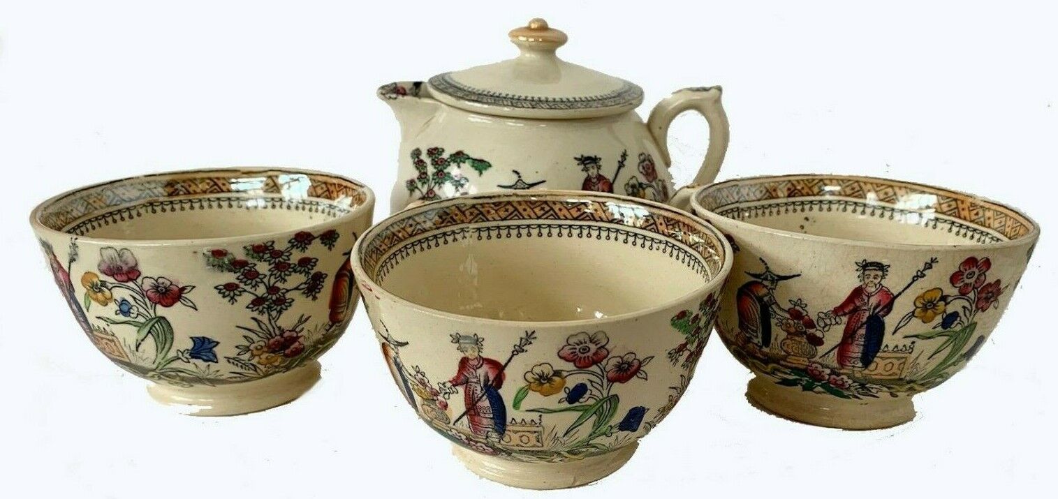 Chinese Teapot wtih Lid and 3 Matching Teacups, Dog Trademark, E.M. & Co., Chang