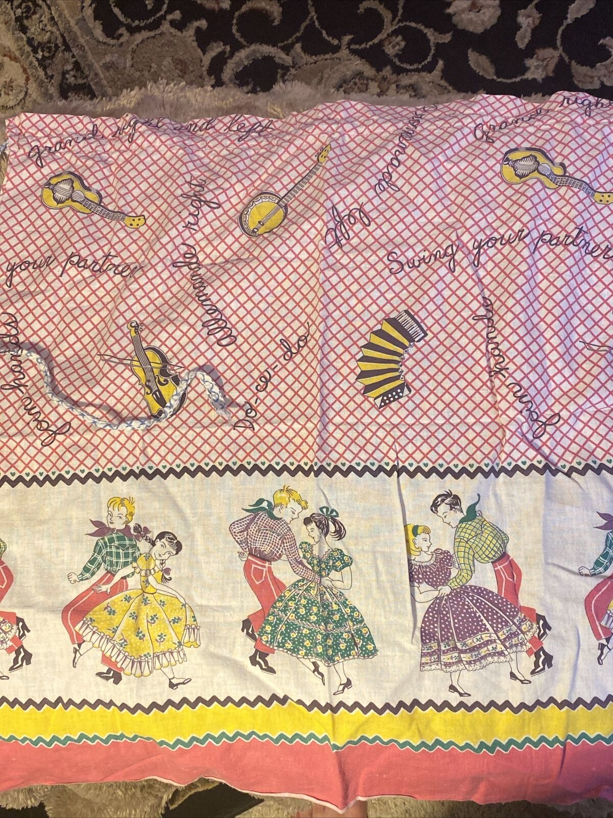 1930\'s Antique SQUAREDANCE PROMENADE FEEDSACK Vintage Fabric About 24” X 25 1/2”