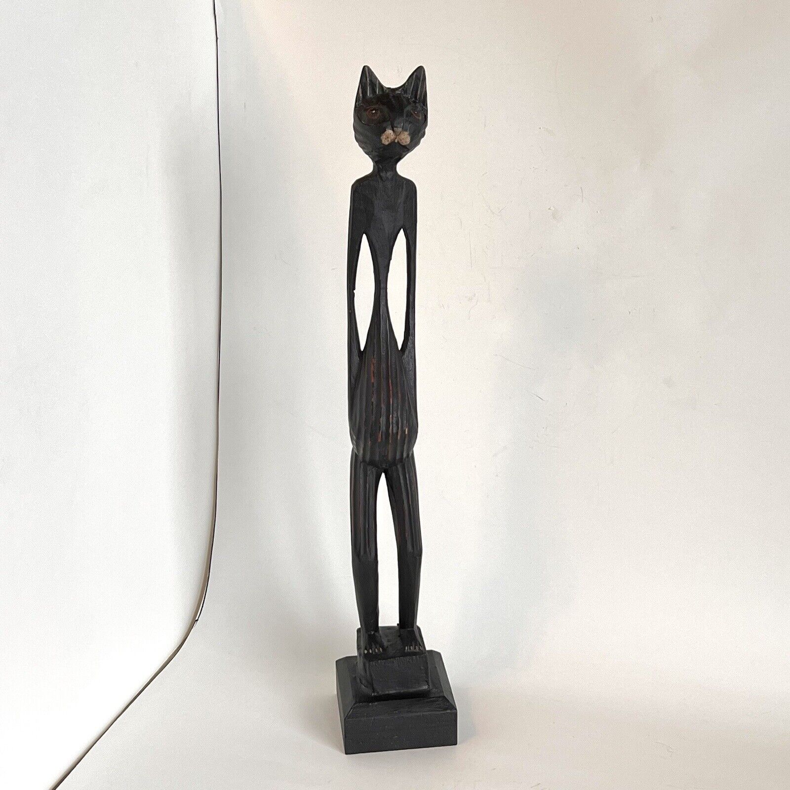 Beautiful Tall Wooden Carved 20” Wood Black Cat Statue Figure Pot Belly Red Eyes