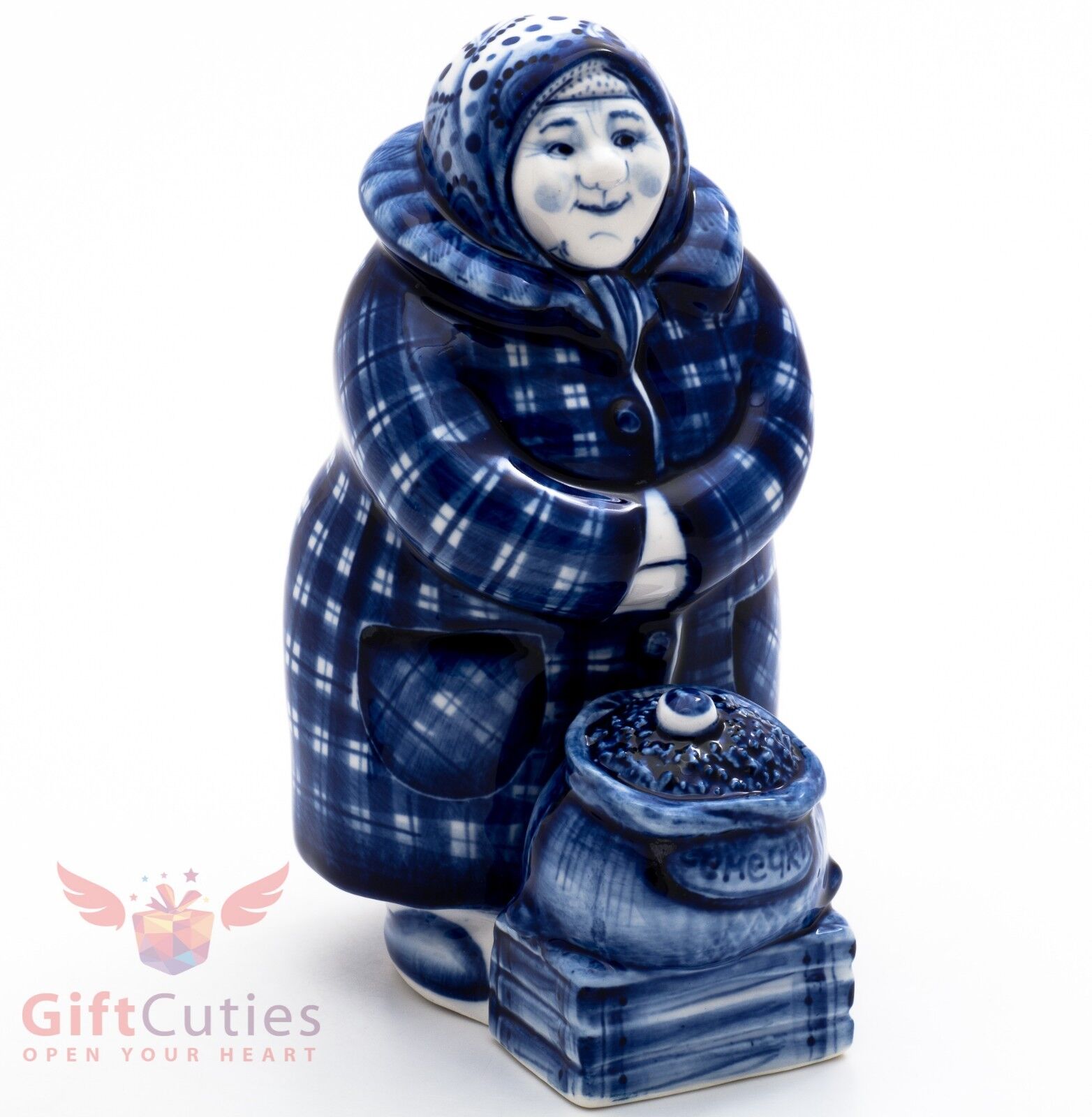 Gzhel porcelain figurine folk Russian woman babushka selling sunflower seeds
