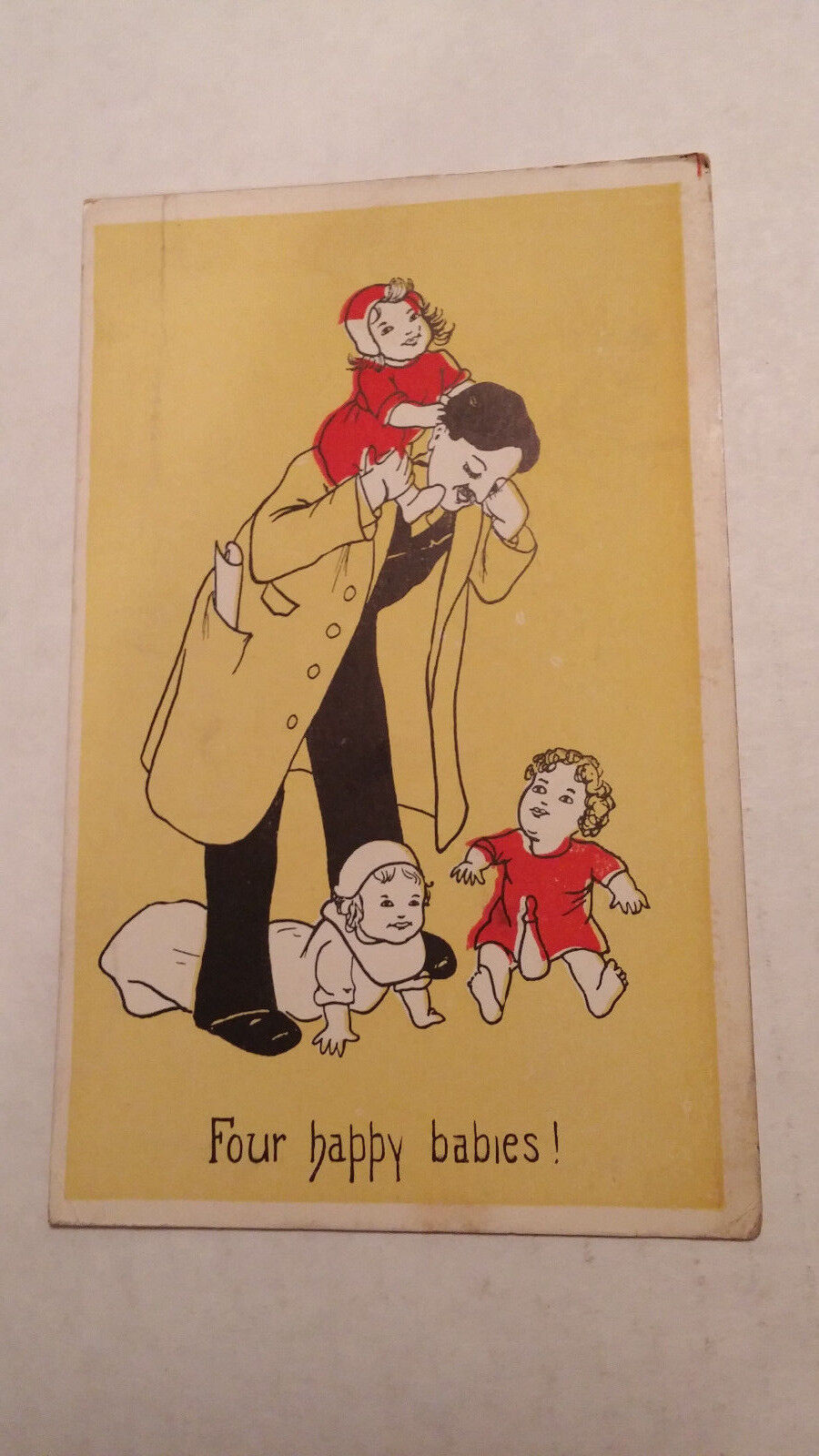 People Postcard Four happy babies Father and Children Pre-Linen 1908 vtg Art