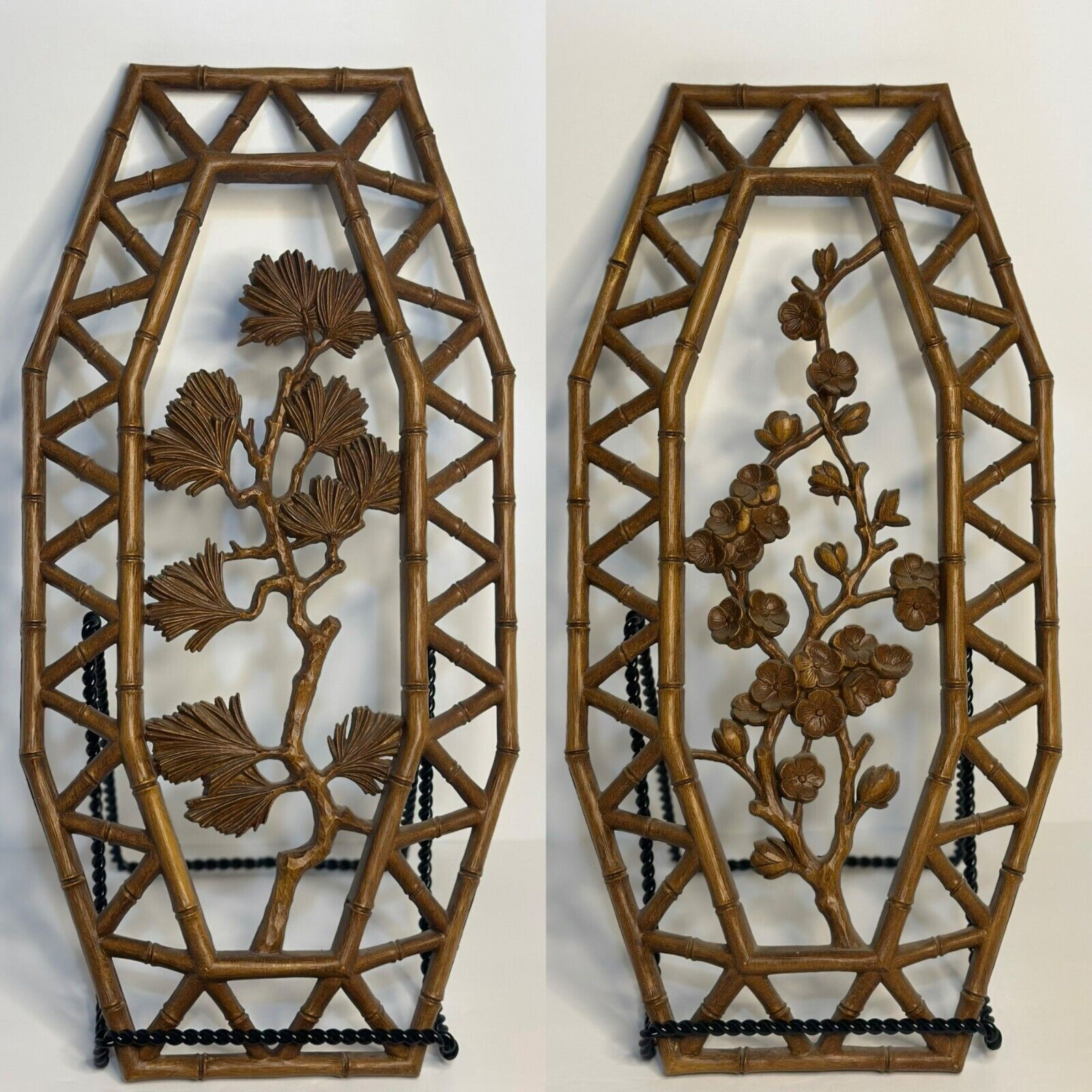 Vintage 1977 HOMCO Wall Decor Plaques Faux Bamboo Floral Mid Century Syroco