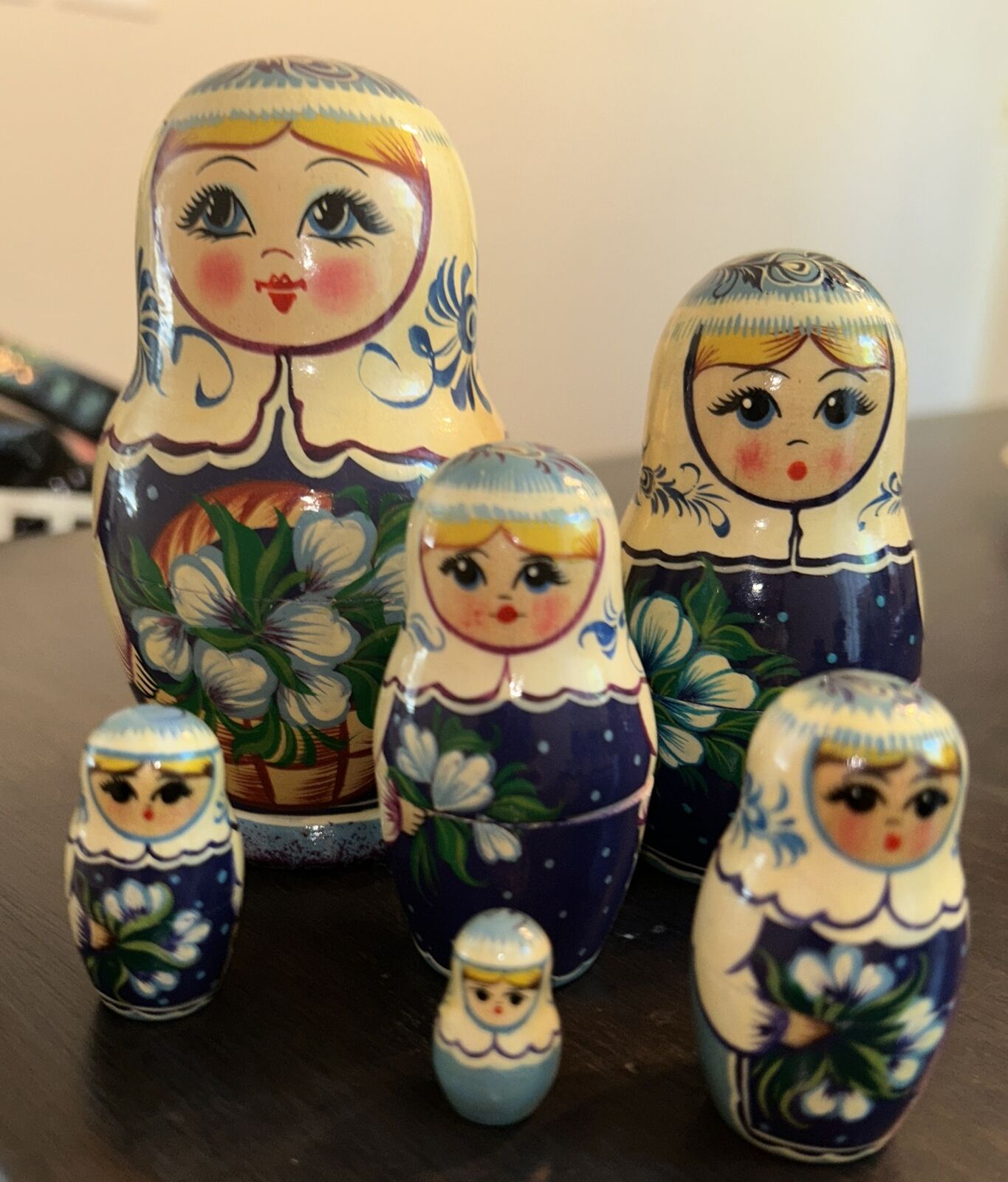 Vintage Hand Painted Russian Wood Nesting  Dolls  6 Piece Set