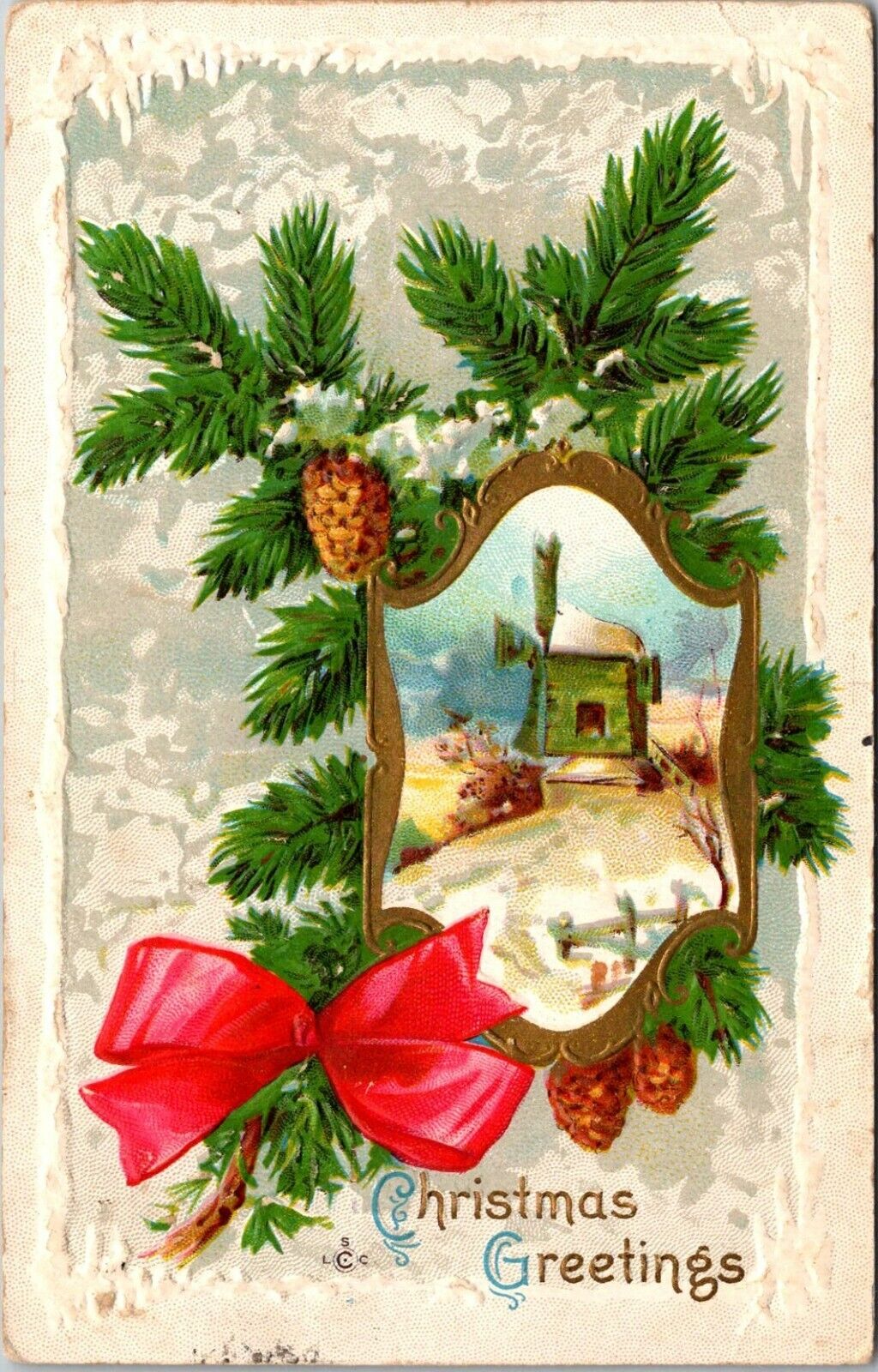 Christmas Greetings Windmill Red Bow Embossed DB 1907-15 Posted Antique Postcard
