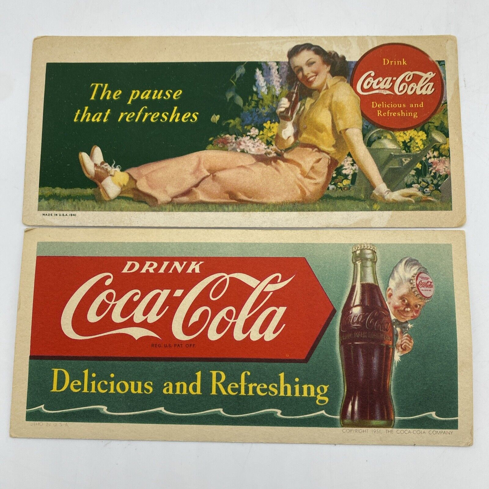 2 Vtg COCA-COLA Advertising Blotters 1951 Sprite Boy 1941 Pause That Refreshes