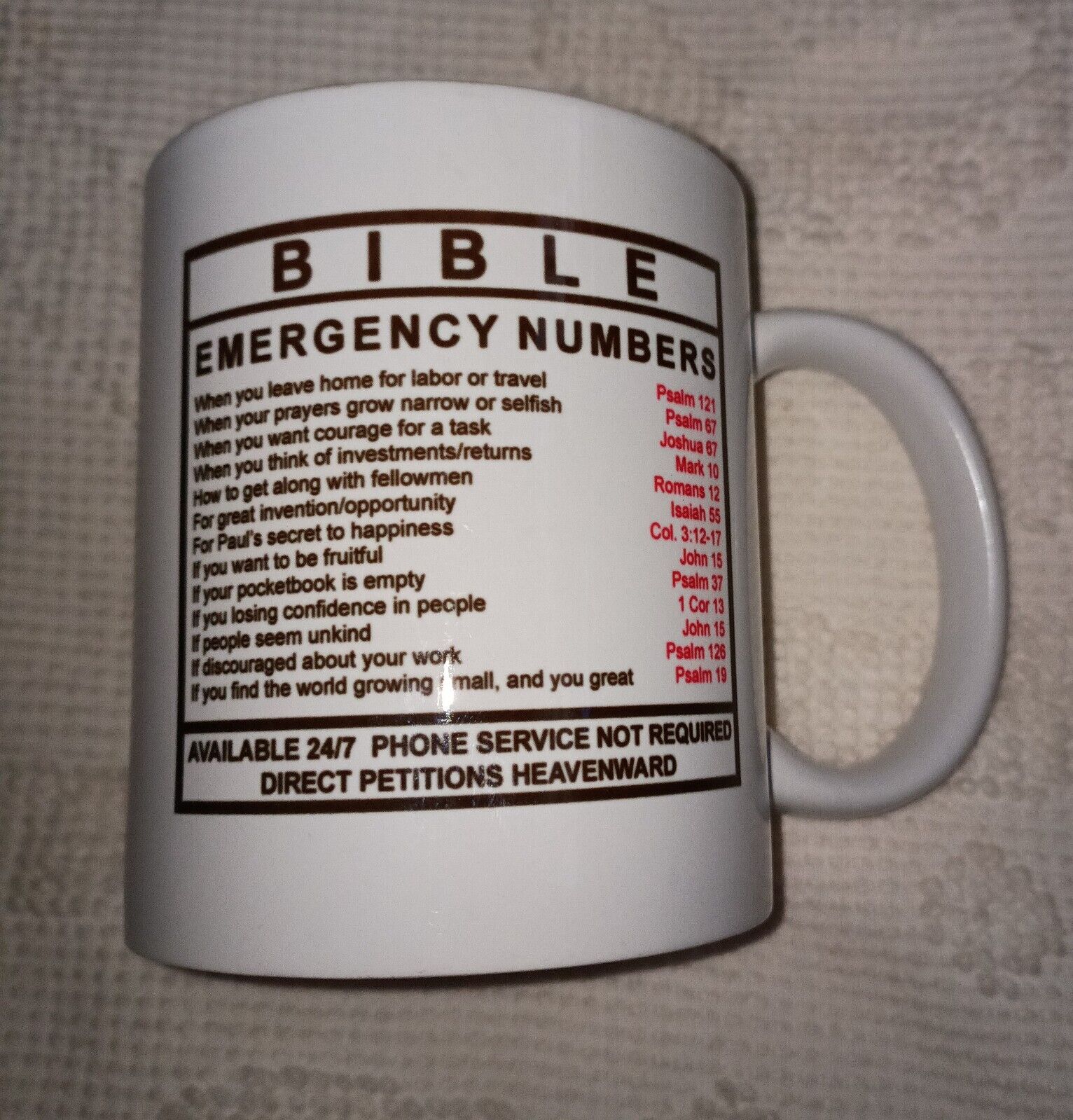 Bible Emergency Numbers Coffee/Tea Mug Cup Bible Verses Christian Gift