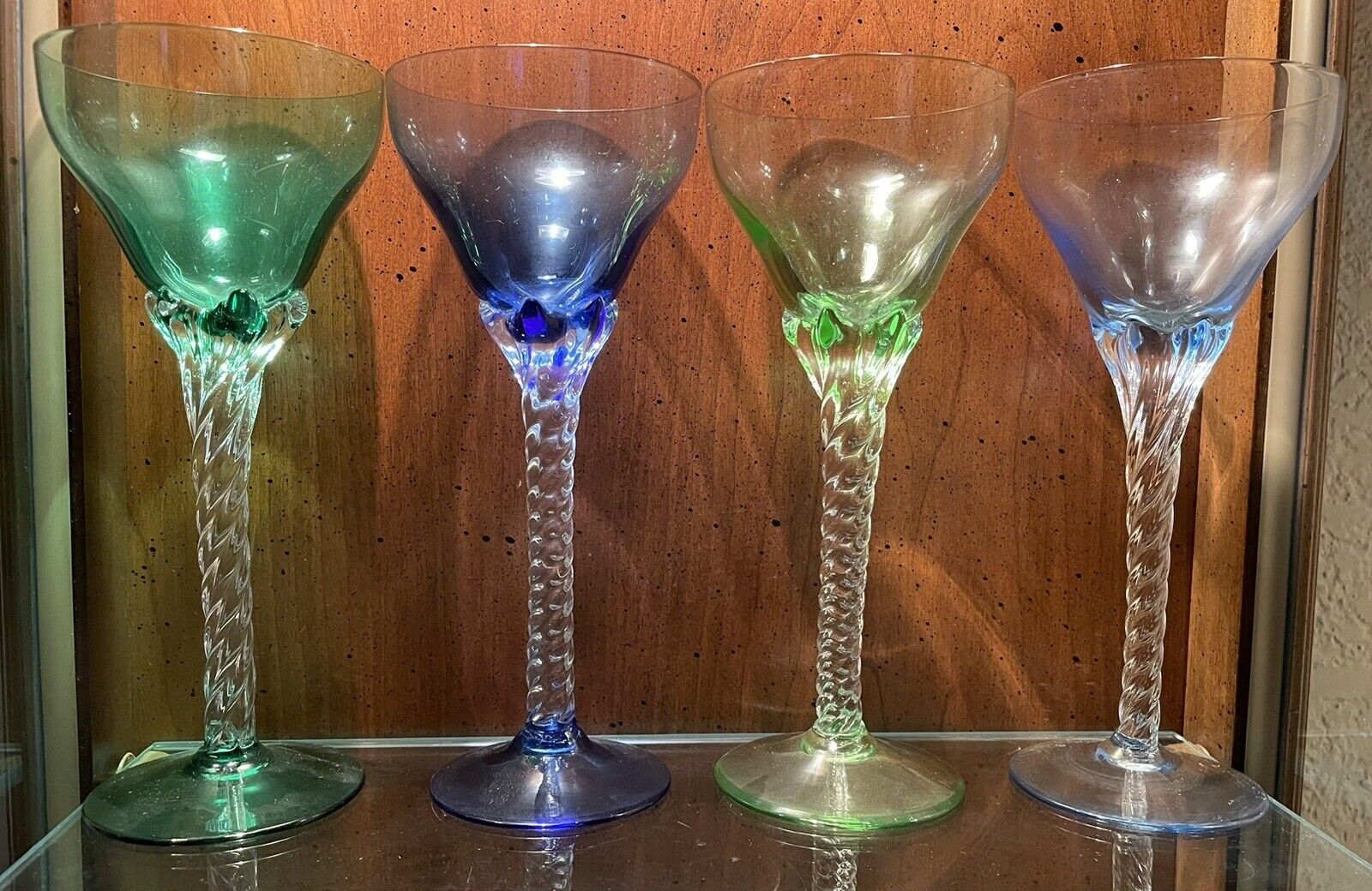 1950s Vintage Blefeld Twisted Stem 4 Set Multi Color Wine Sherry Cordial Glasses