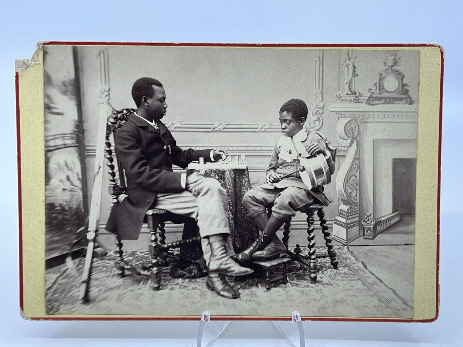 1880s Cabinet Card photo Black Boys playing  Dominoes Studio Drummer African EU?