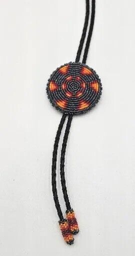 Vintage Native American Navajo Beaded Bolo Tie, 19 Inch, Leather Cord Colorful 