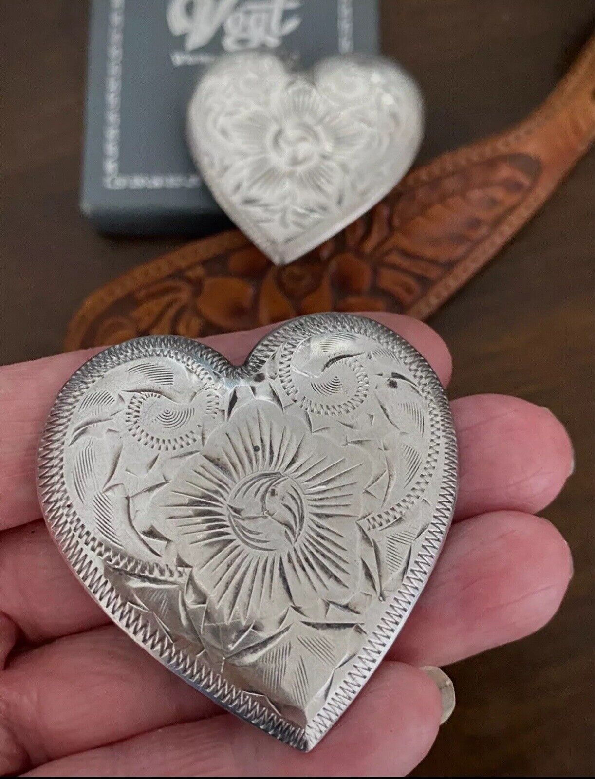 2 Vintage large solid STERLING Silver HEART Conchos VOGT for headstall chaps