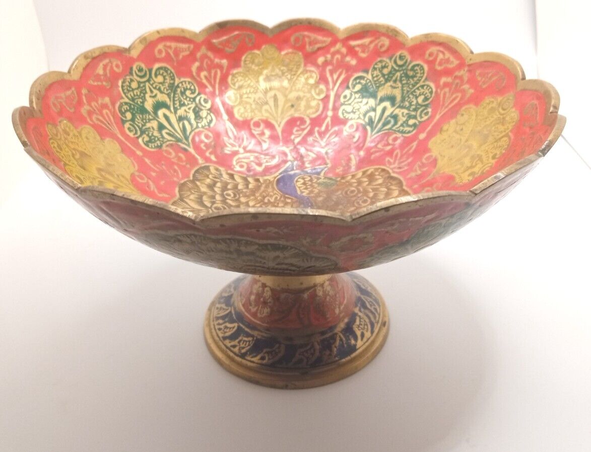 Vintage Solid Brass Pedestal Bowl Candy Dish KG RR66 Peacocks 