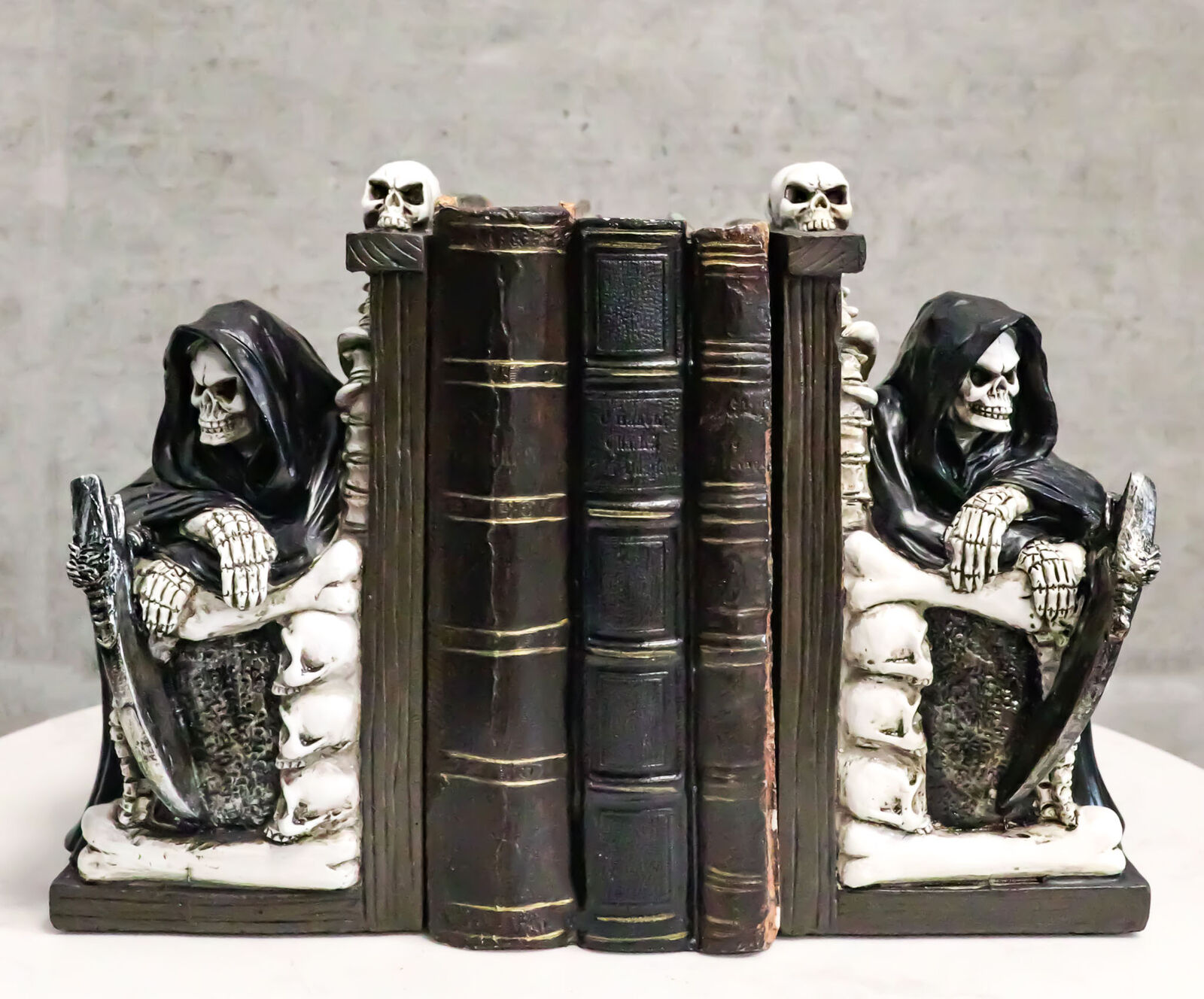 Gothic Grim Reaper Sitting On Skulls And Skeleton Bones Thrones Bookends Statue