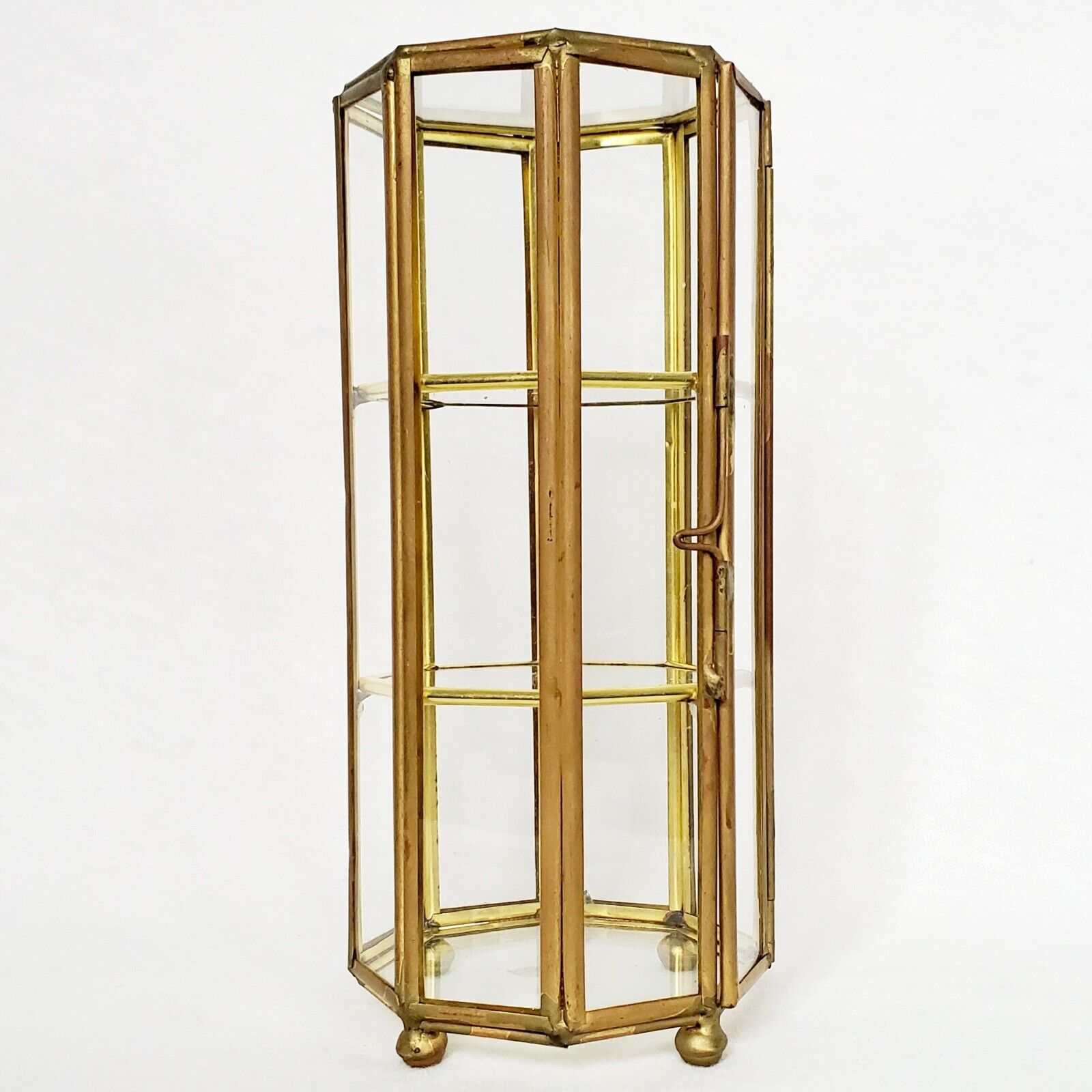 Vintage Brass & Glass Octagonal Two Shelf Trinket Curio Box 6.5\