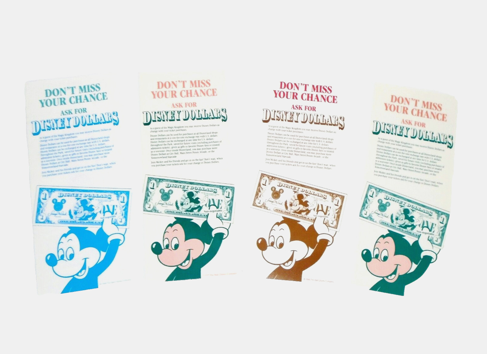 Vintage 1987/1988 Disneyland Disney Dollars Flyers (4) Variations