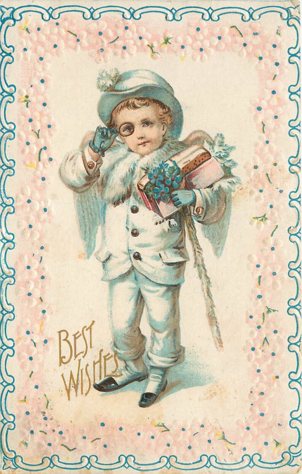 c1907 Embossed Best Wishes Postcard Fancy Boy in White Suit w/ Monocle & Flowers