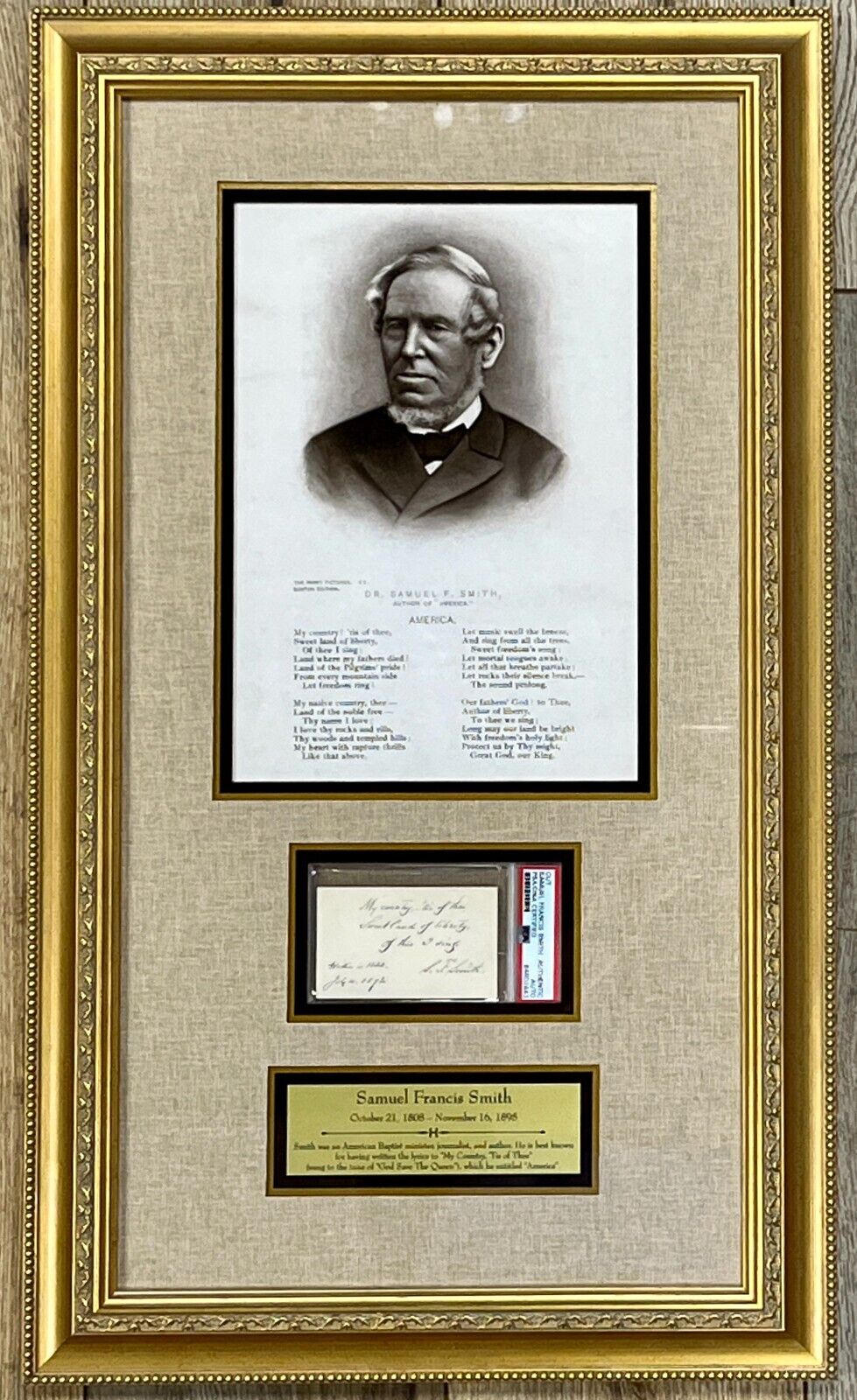 SAMUEL FRANCIS SMITH (America-My Country Tis of Thee) signed framed display-PSA