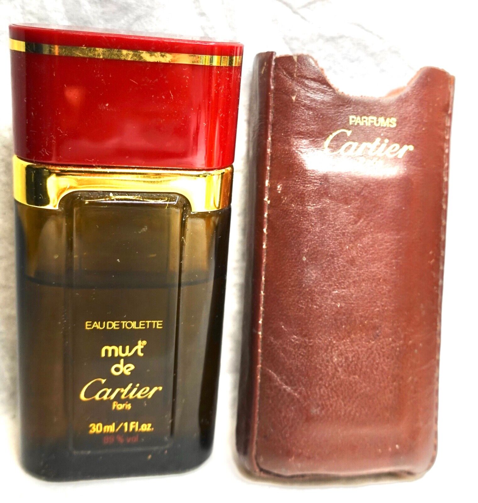 Vintage Must de Cartier Eau De Toilette Splash 1 fl oz Leather Pouch 65% Full