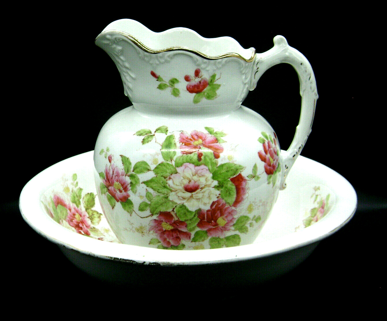 Antique Victorian Era Ironstone Pitcher and Matching Wash Bowl Floral Bouquets