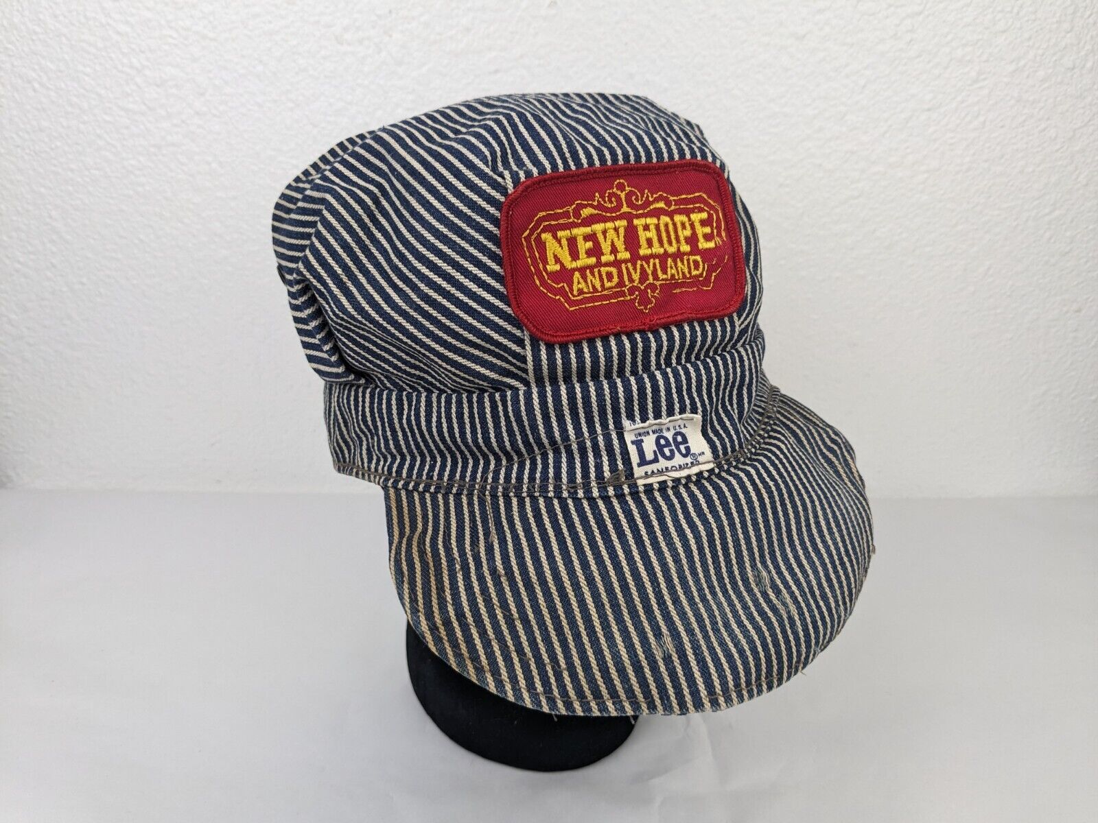 Vtg NEW HOPE & IVYLAND Lee Sanforized Hickory Striped Denim Conductor Cap Hat 