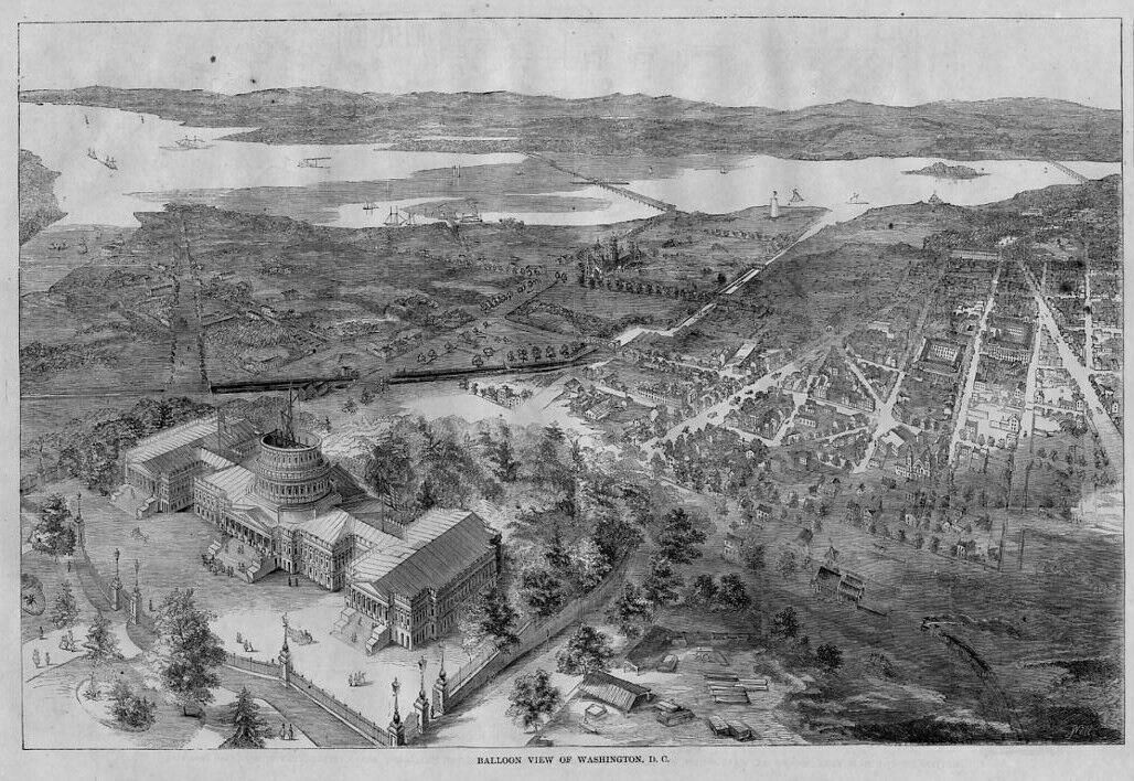 WASHINGTON D. C. BALLOON VIEW IN 1861 CAPITAL ROTUNDA CONSTRUCTION HISTORY