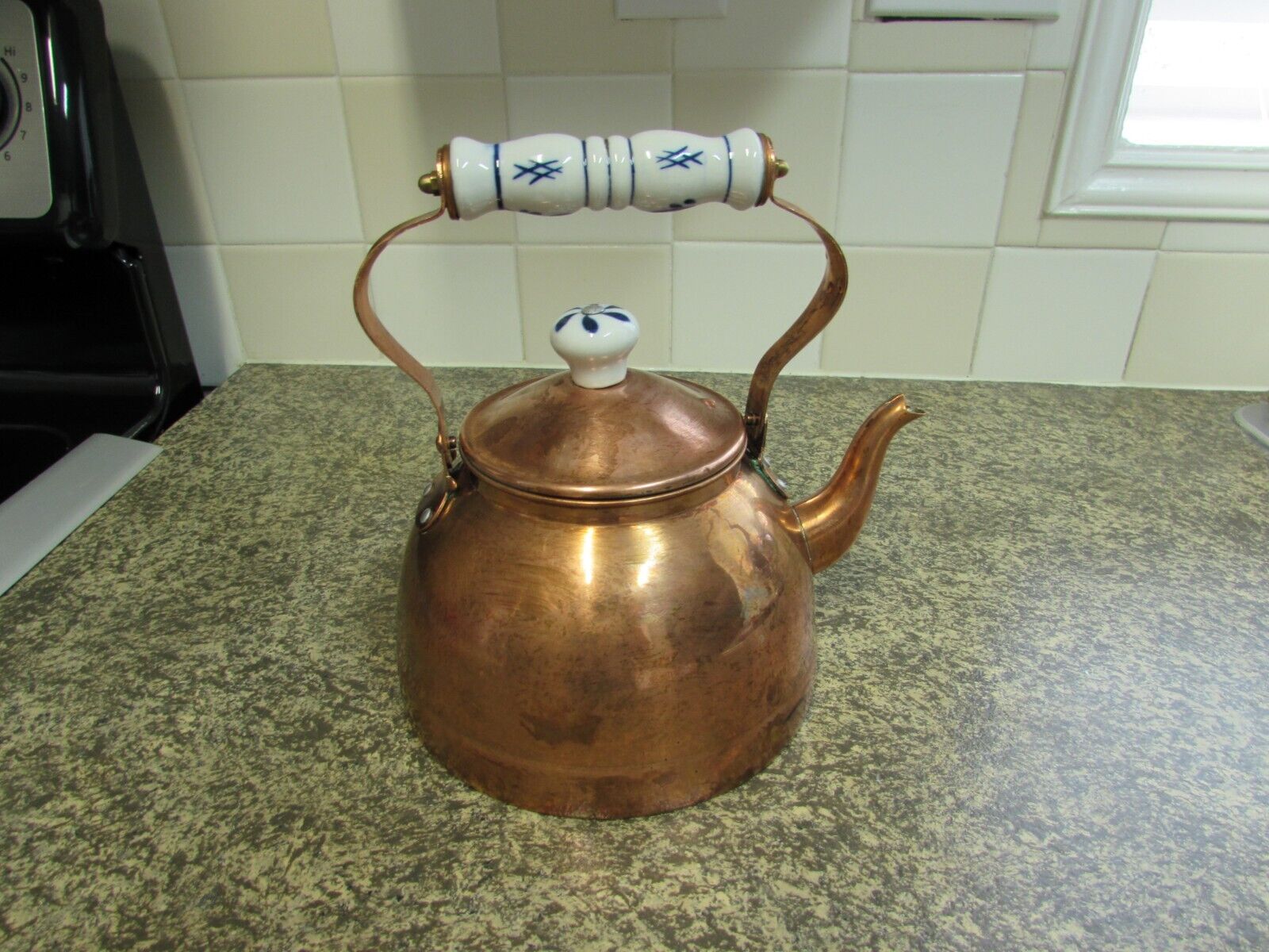 Vintage Copper Stovetop Tea Kettle & Lid Ceramic Handle Used Vintage Read