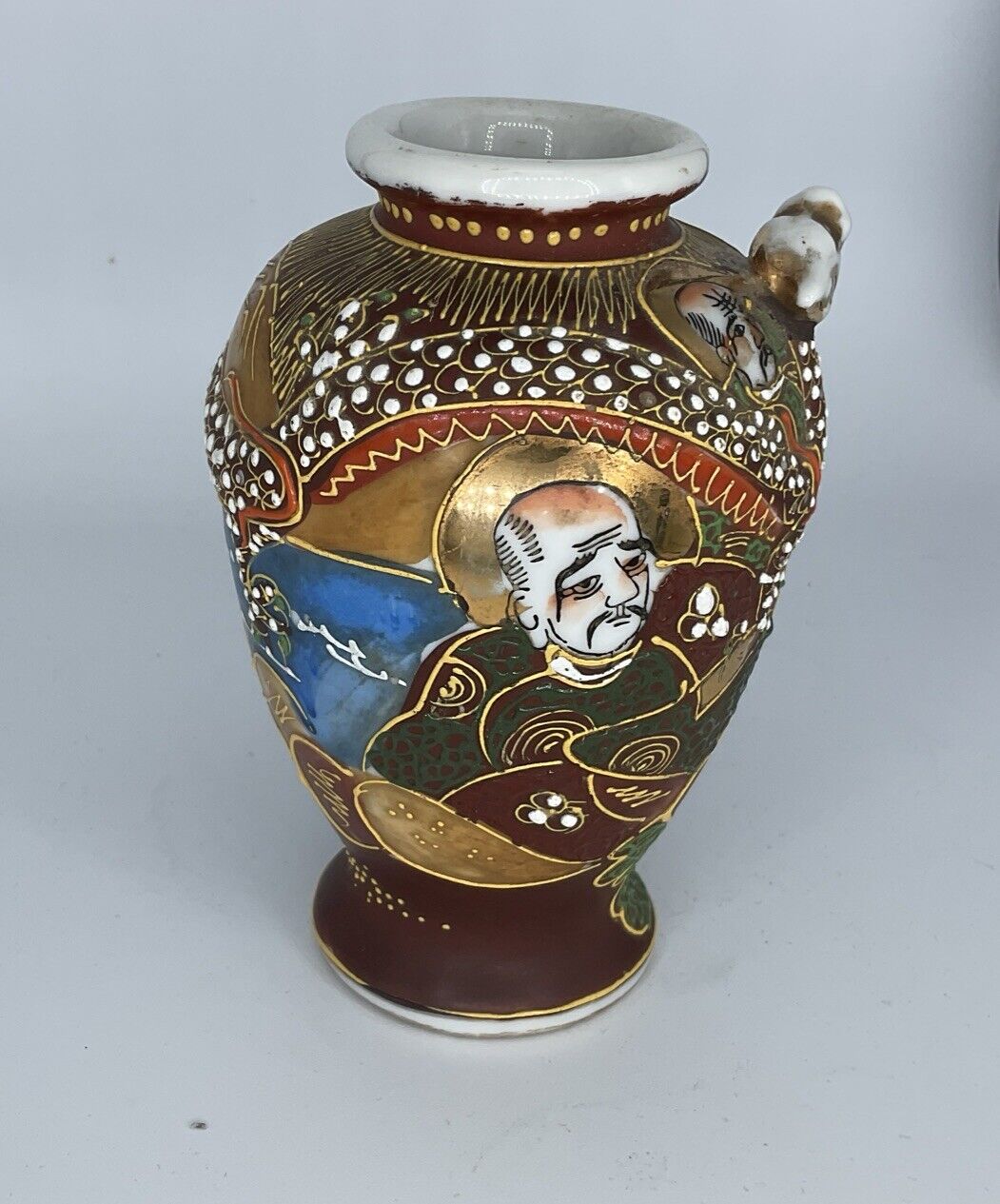 Vintage Japanese Royal Satsuma Dragon Moriage Vase Immortals 5”, Imperfect