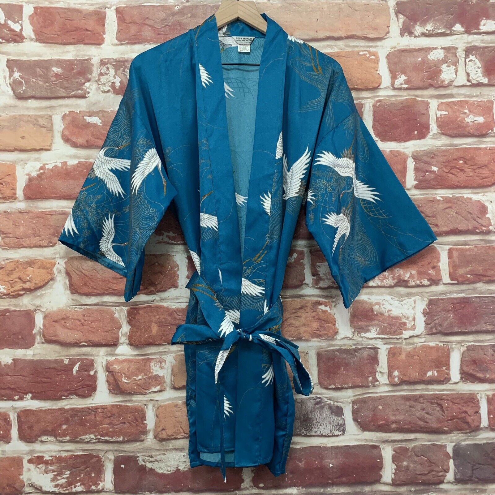 Kimono Robe Womens OS Teal Blue Satin Flying Crane Bird Tie Waist Made In Japan