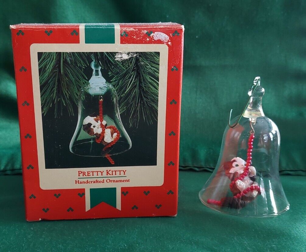 Pretty Kitty Hallmark Keepsake Handcrafted Christmas Cat Bell Ornament 1987 