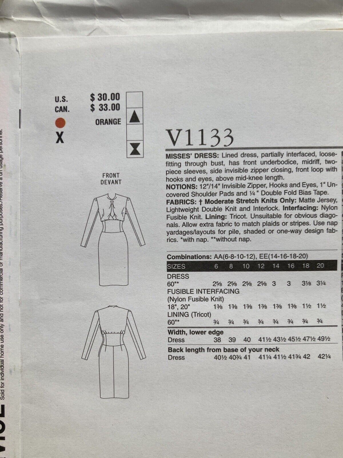 Vogue Patterns Paris Original V1133 Guy Laroche Sizes 6-12 UCFF