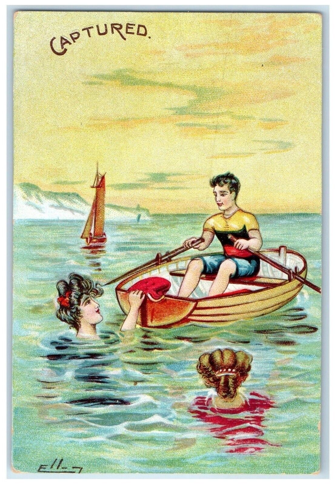 c1910's Girls Swimming Captured Man Boating Embossed Unposted Antique Postcard