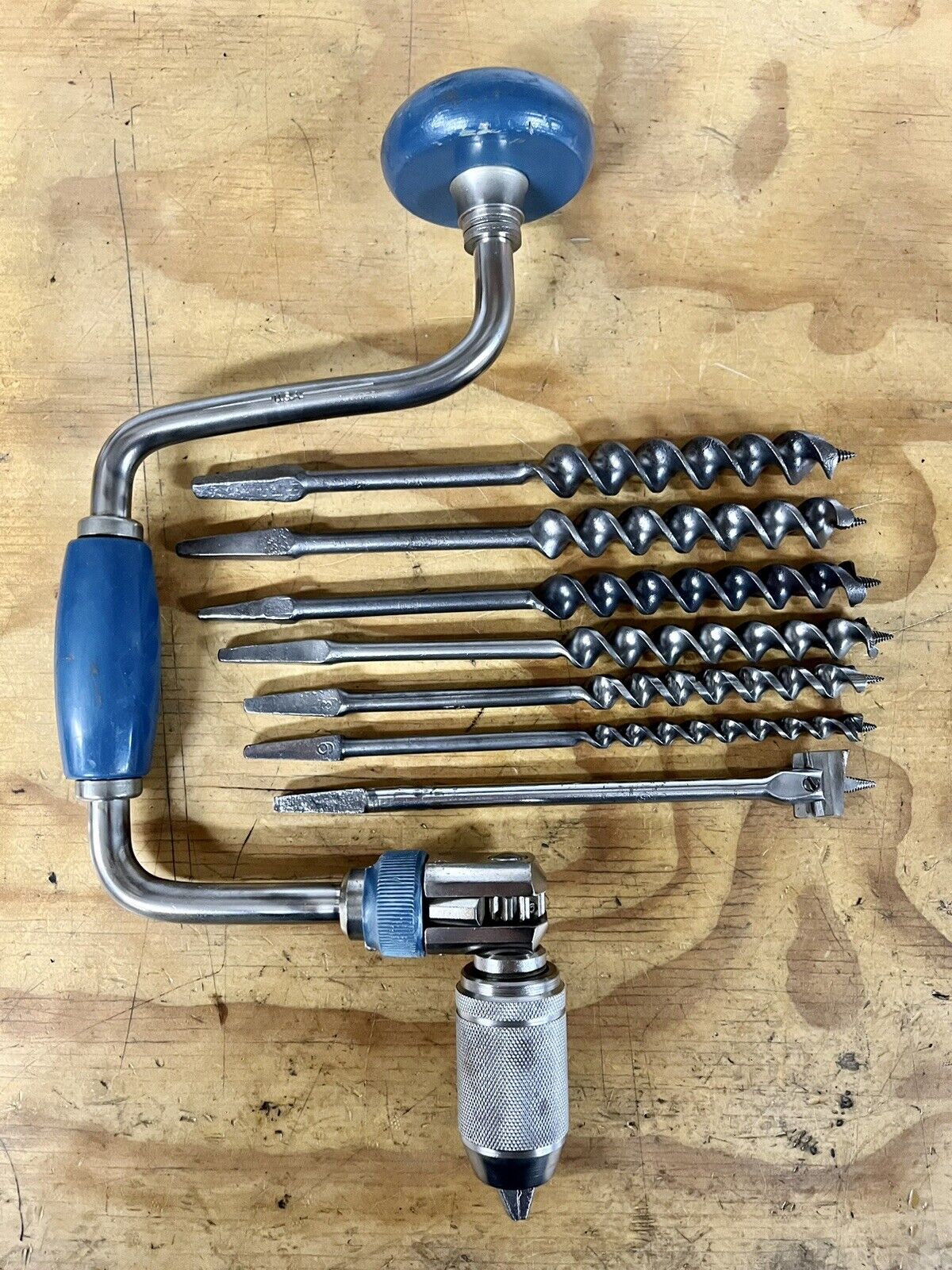 Vintage Stanley #02-253, 10” Sweep Bit Brace Hand Drill & 7pc Bit Set Shop Ready