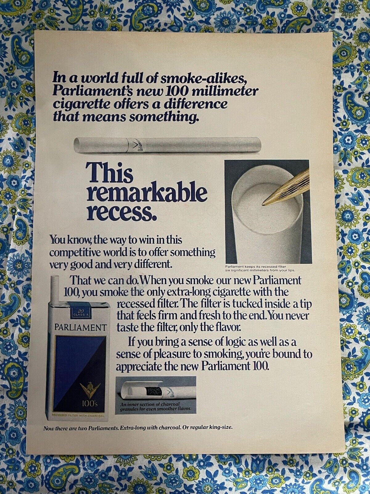 Vintage 1970 Parliament 100’s Cigarettes Print Ad New 100 Millimeter Extra Long