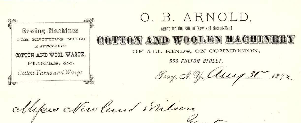 1872 TROY NY O.B. ARNOLD COTTON AND WOOLEN MACHINERY BILLHEAD LETTERHEAD Z1568