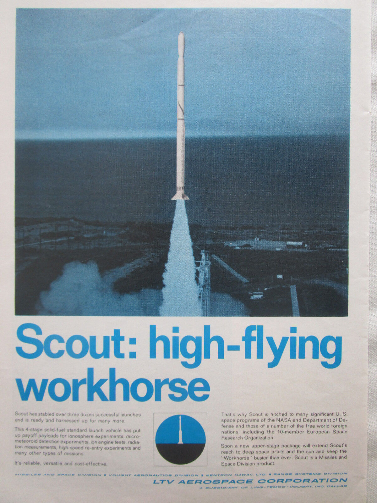 4/1967 PUB LTV AEROSPACE VOUGHT MISSILE & SPACE SCOUT NASA DOD ORIGINAL AD