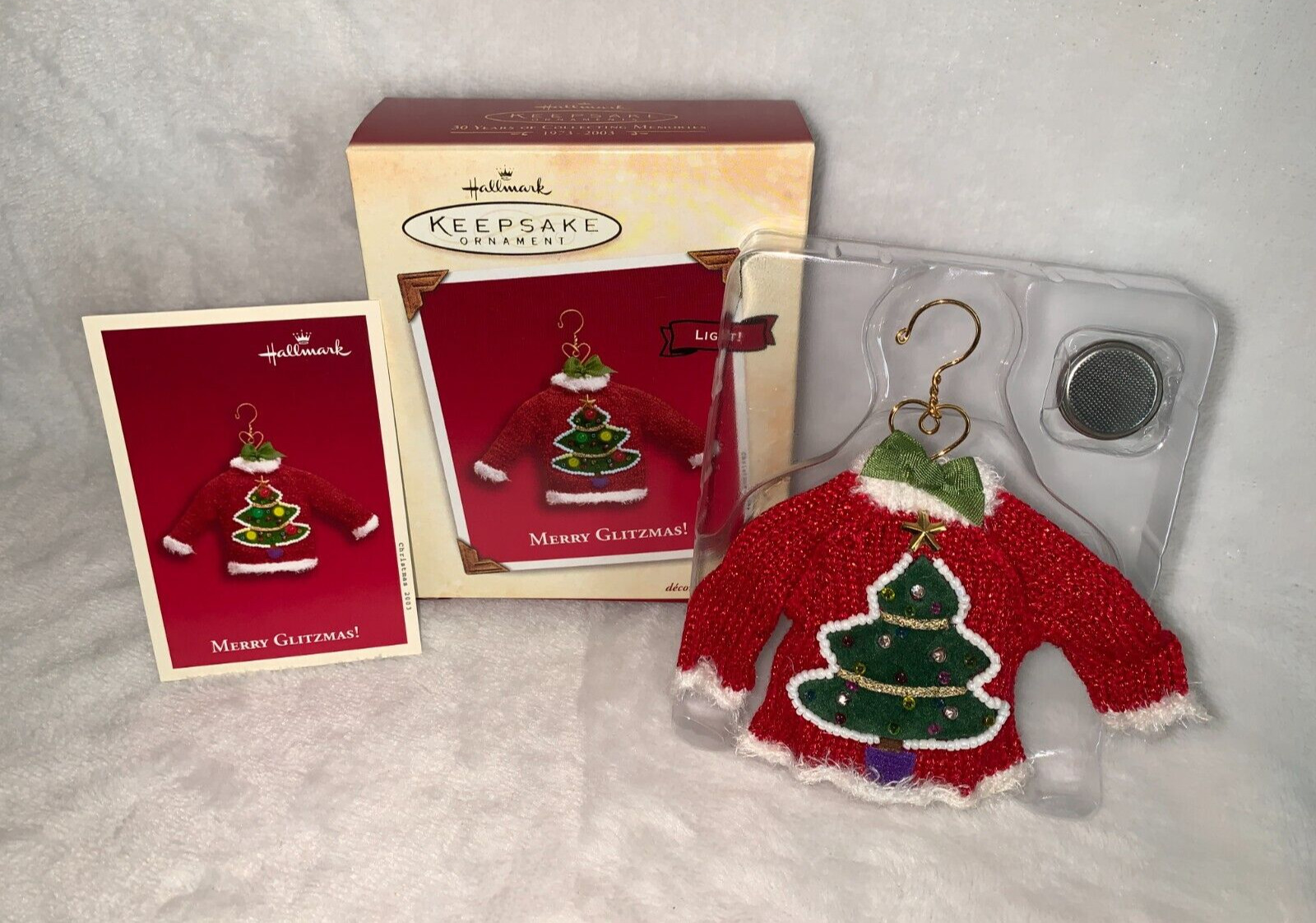 New 2003 Hallmark Merry Glitzmas Light Up Ugly Christmas Sweater Ornament *