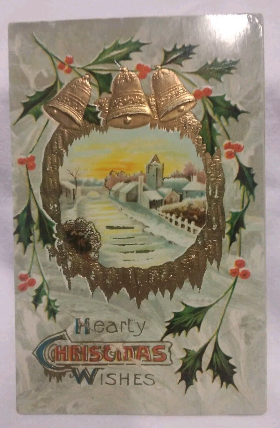 Postcard Hearty Christmas Wishes Embossed Winter Town Church Scene 1914