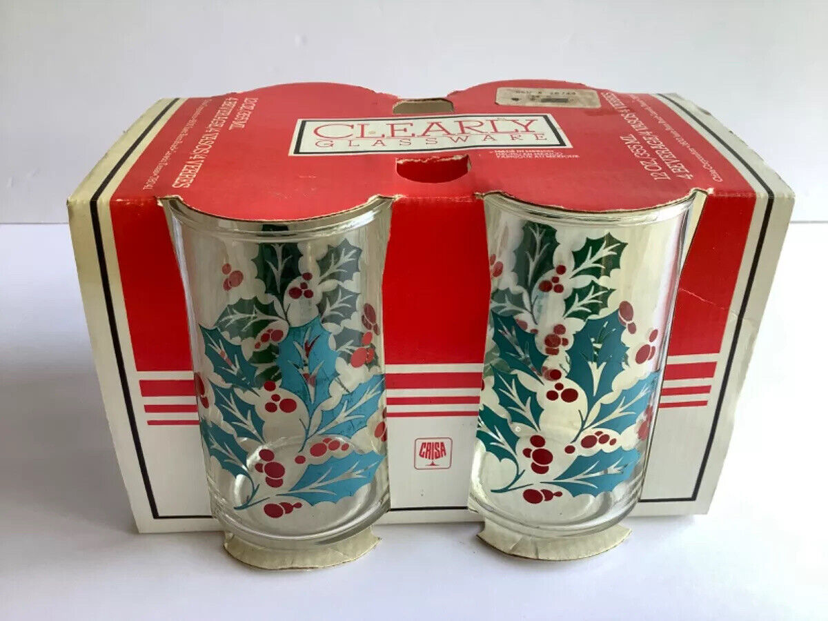 4 Vintage Christmas Drinking Glasses 12 oz Holly Blue Original Packaging Display