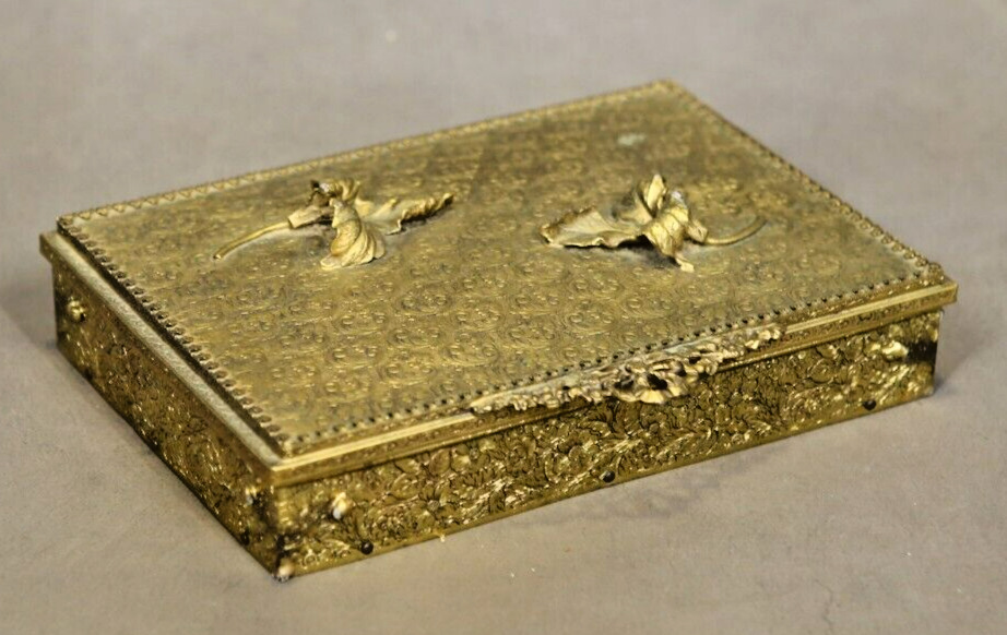 Antique French Gilt Bronze Jewelry Box Empire Style Mirror 