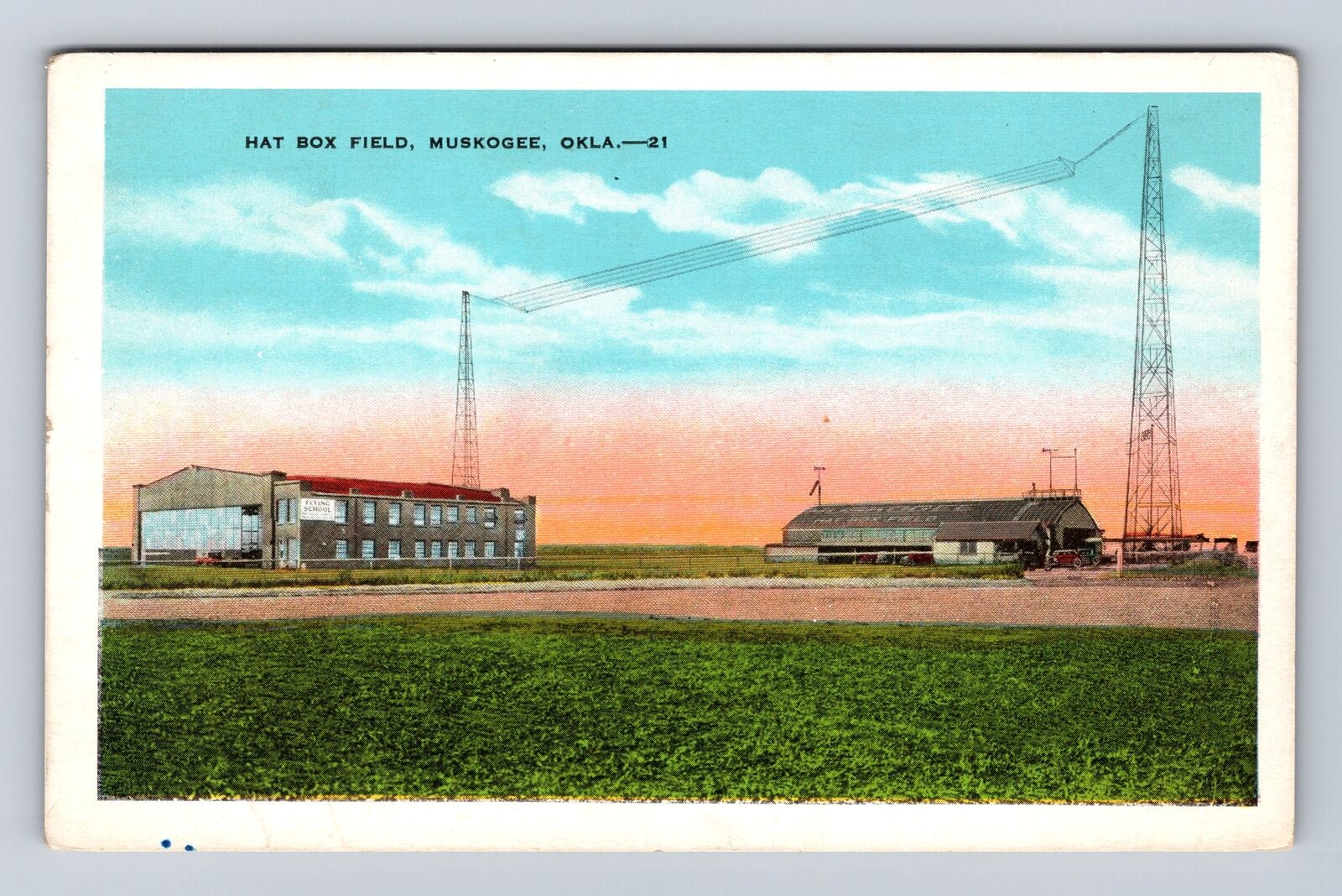 Muskogee OK-Oklahoma, Hat Box Field, Airport, Flying School, Vintage Postcard