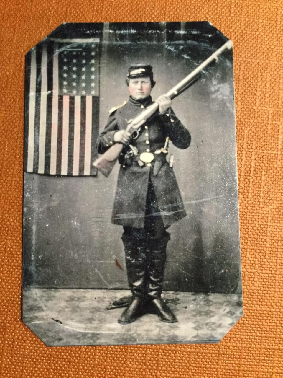 Civil War Soldier with Rifle and Flag Historical Museum Quality tintype C063RP