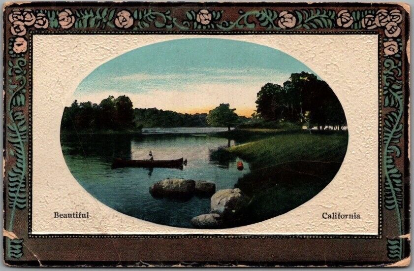 Vintage 1910s California Greetings Embossed Postcard Lake Boating Scene UNUSED