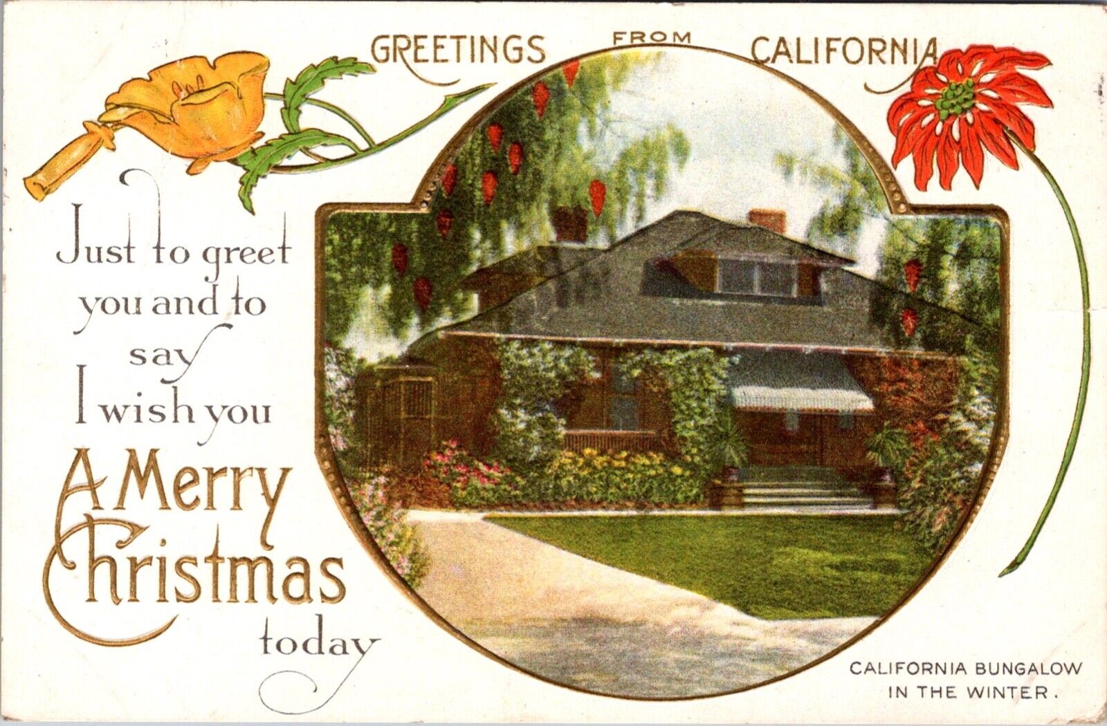 Postcard Christmas Greetings California CA House Winter Pasadena