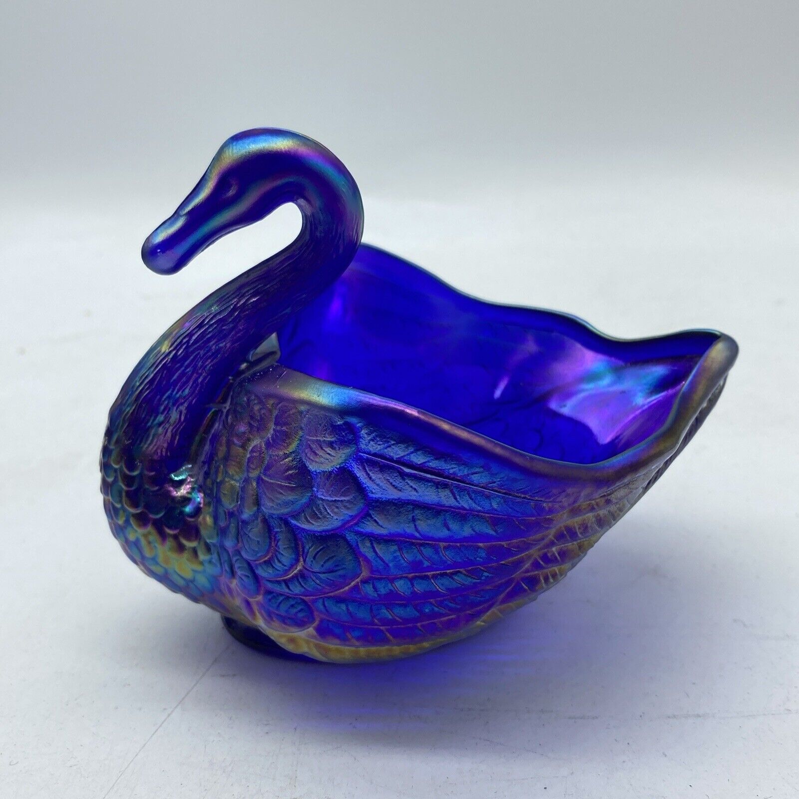 1950s Imperial Glass Iridized Electric Blue Carnival Glass Swan Salt Dish Bowl