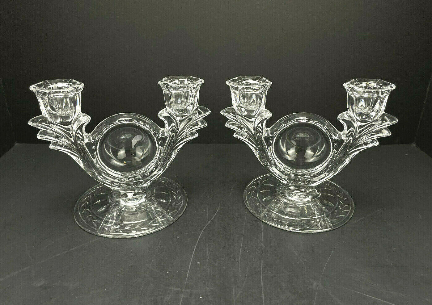 VINTAGE PAIR OF ELEGANT EAPG CLEAR GLASS DOUBLE CANDLESTICK HOLDERS