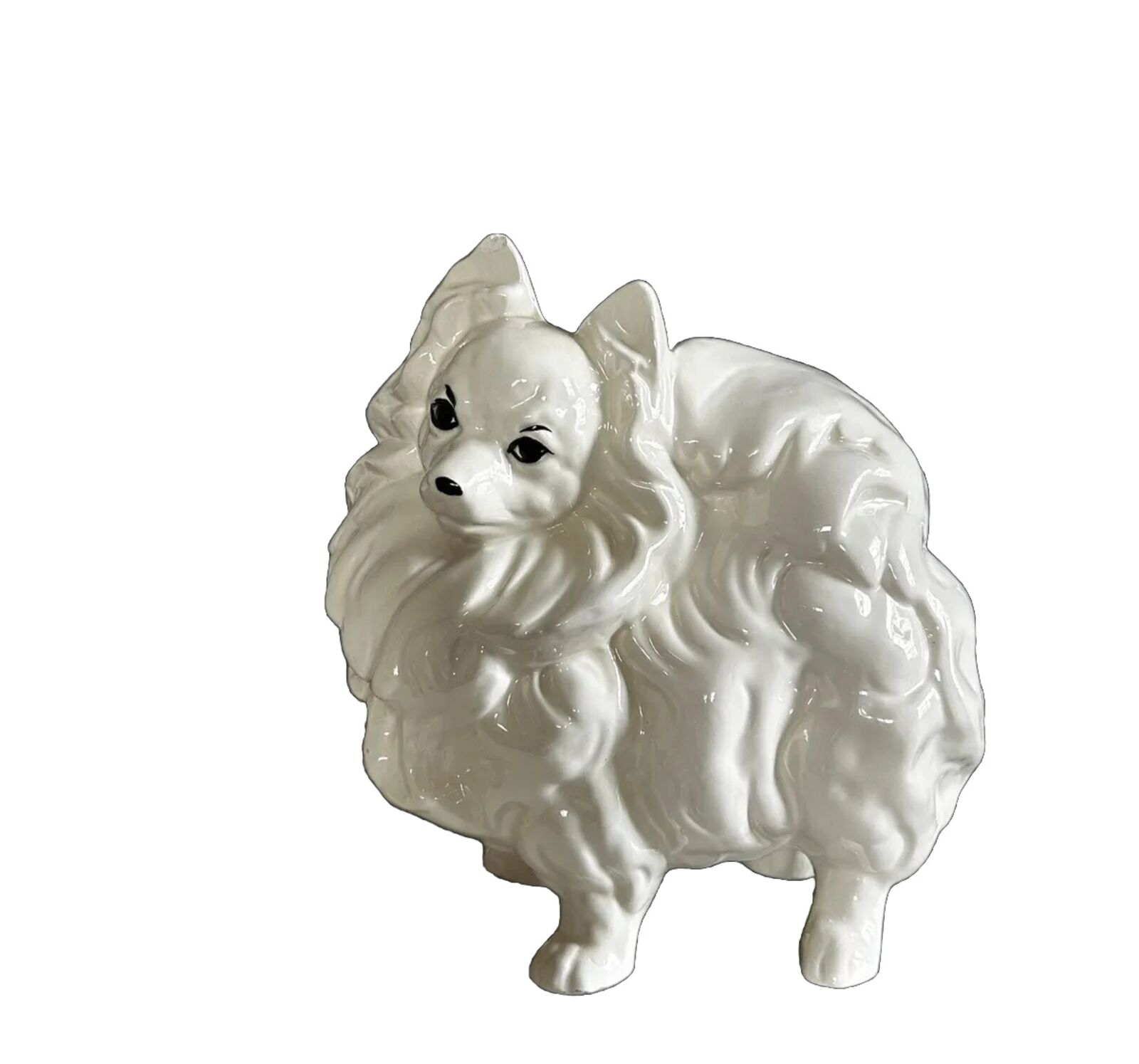 Vintage Pomeranian Spitz Volpino Dog White Glazed Statue Ceramic Sculpture 9.5”L