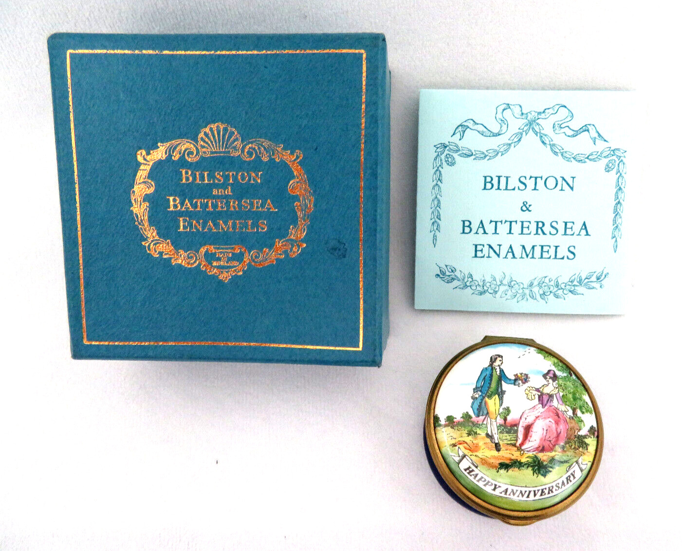 Vintage Bilston Battersea Halcyon Blue Enamel Trinket Box HAPPY ANNIVERSARY  NIB