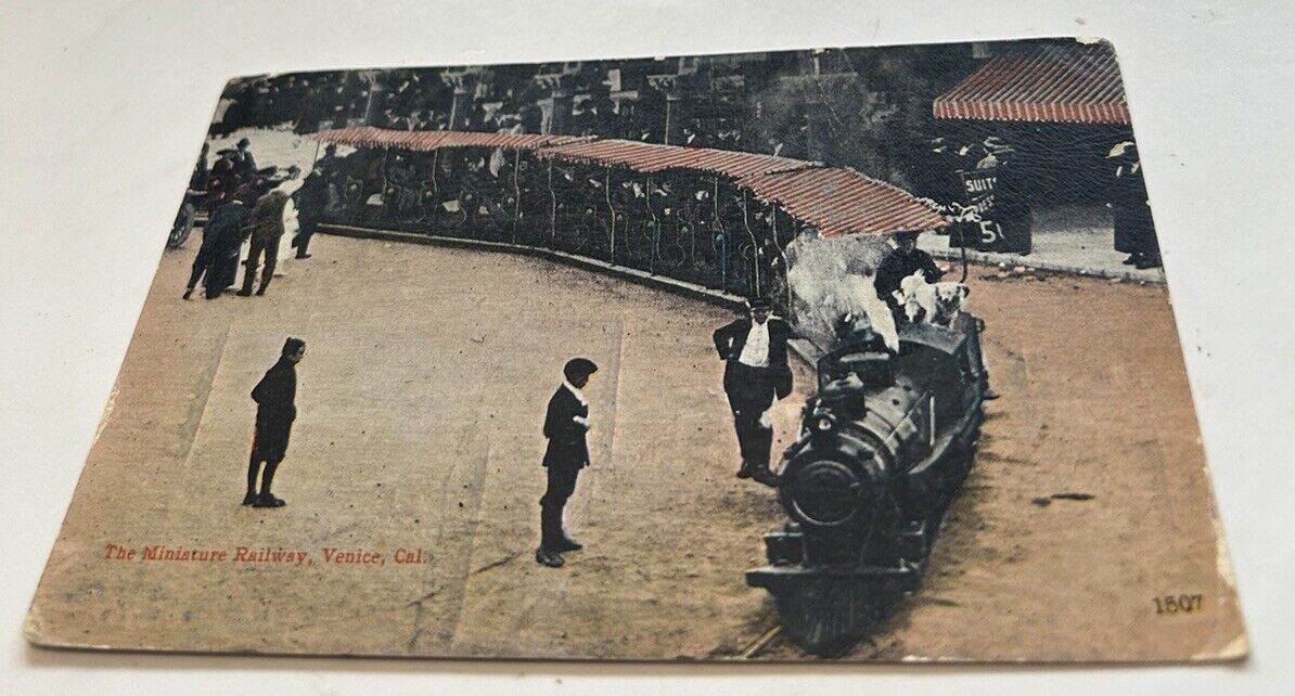 Postcard The Miniature Railway, Venice, CA. 1913 Dog, Passengers 
