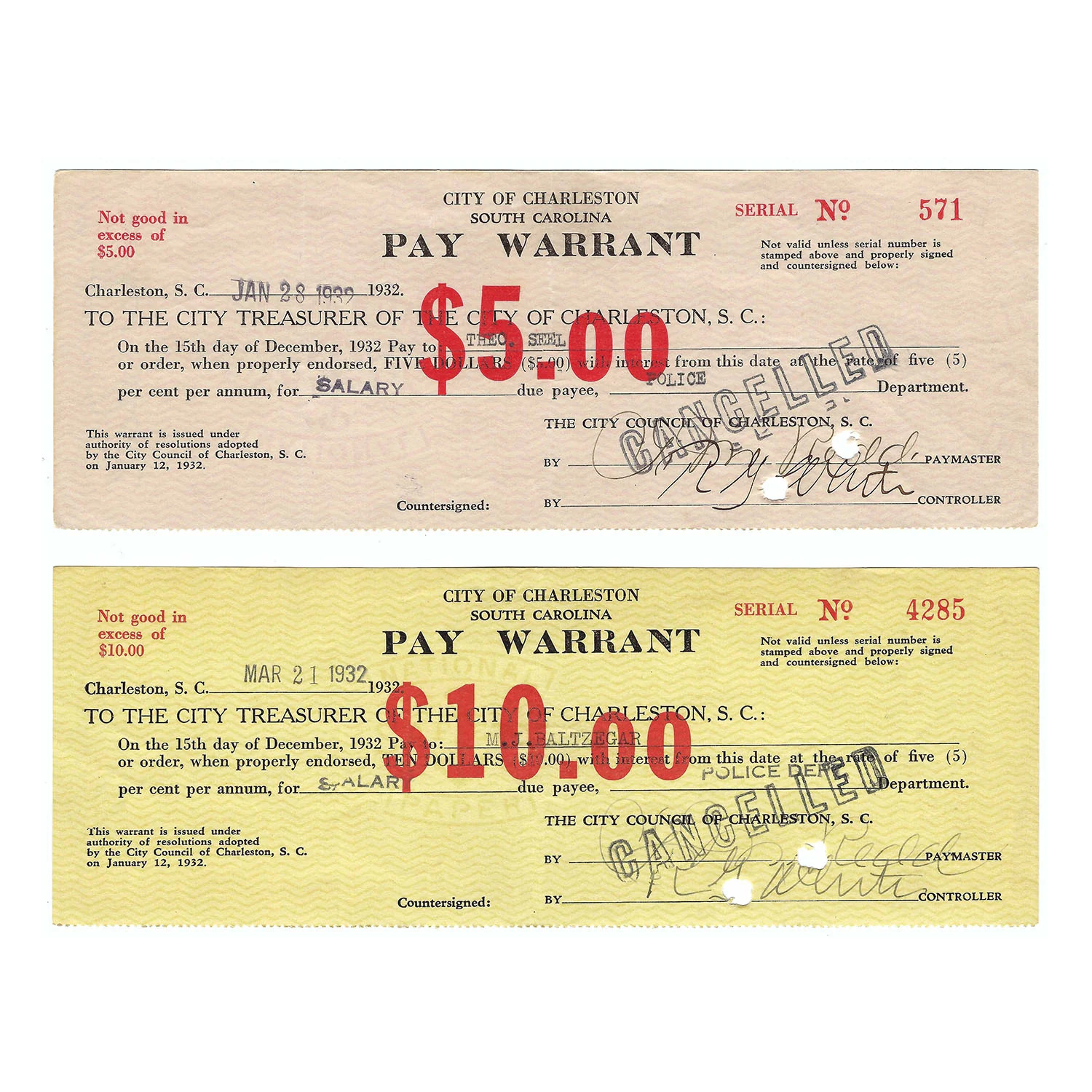 1930\'s Great Depression Pay Warrants Charleston, SC Set of Two $5 and $10